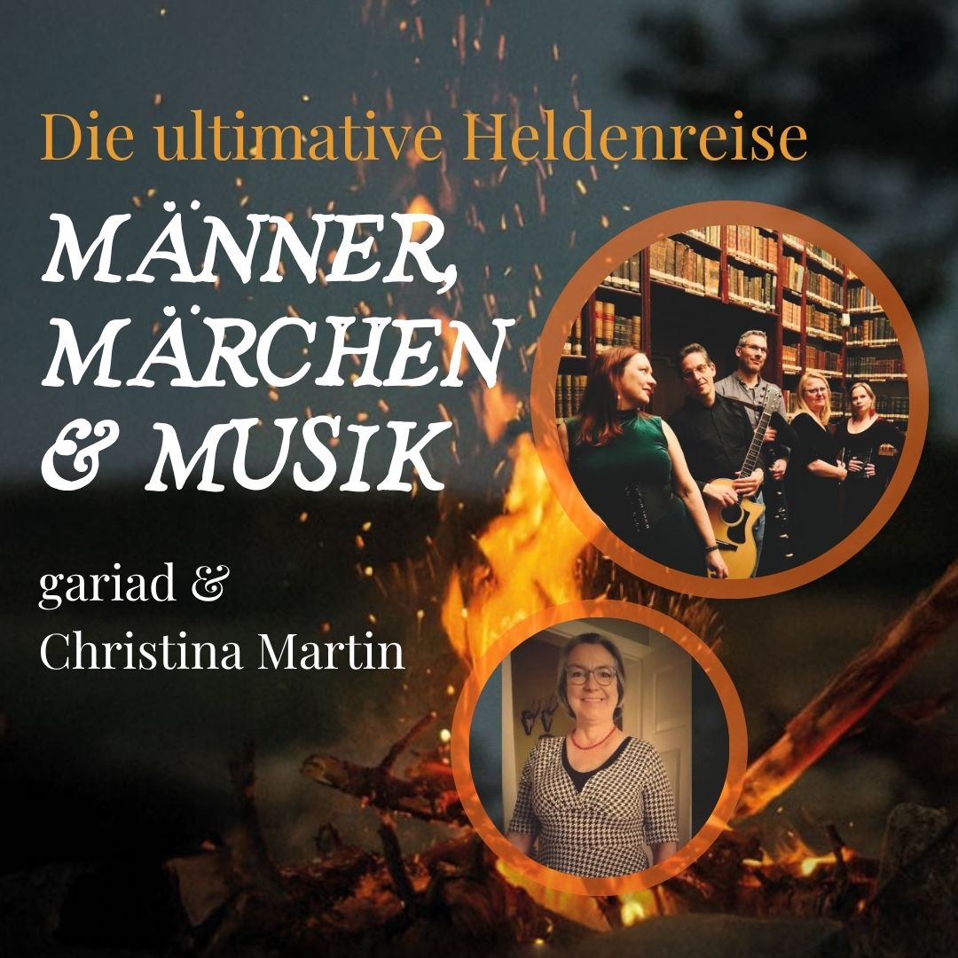 Eien Ankündigung, dass am 18. Oktober 2025 ein Abend mit Märchen und Musik stattfindet: Männer, Märchen und Musik - Die ultimative Heldenreise".