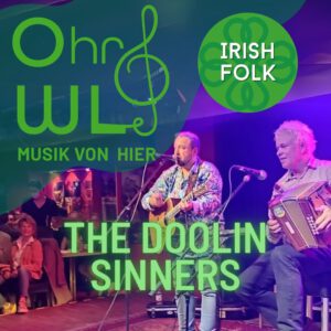 Eine Ankündigung, dass das Duo Doolin Sinners im Rahmen der Musikreihe "OhrWL–Musik von hier" ein Irish Folk Konzert im Kloster Wiedenbrück gibt.