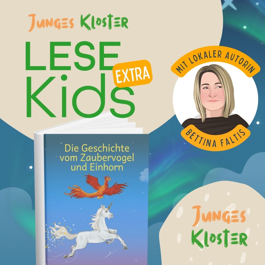 Eine Ankündigung, dass das Junge Kloster am 13. März 2026 eine Aktion "LeseKids Extra - mit lokaler Autorin" anbietet.