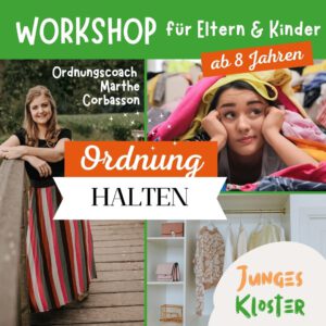 Eine Ankündigung, dass am 27.092025 ein Elter-Kind-Workshop zum Ordnung halten stattfindet.