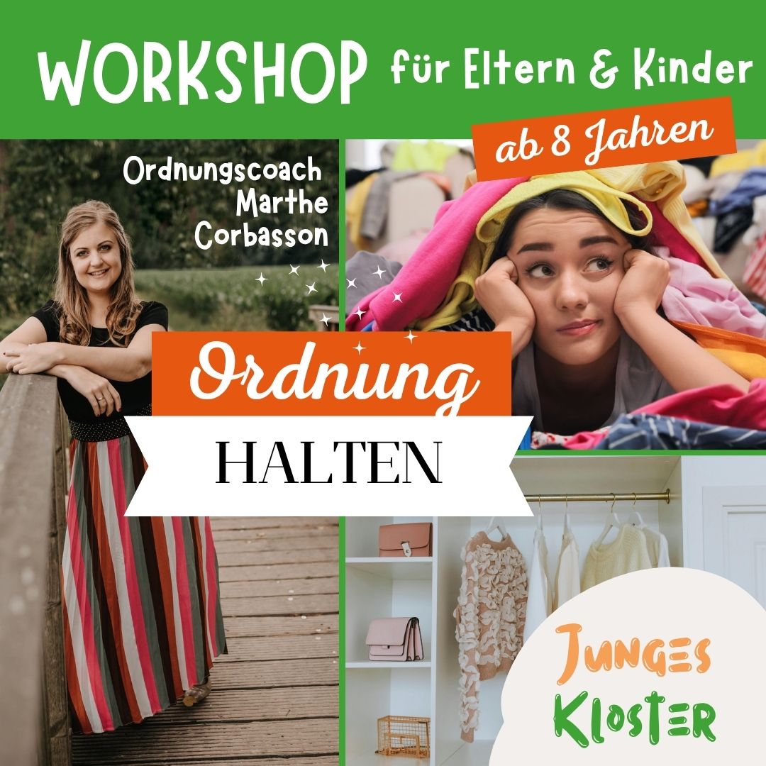 Eine Ankündigung, dass am 27.092025 ein Elter-Kind-Workshop zum Ordnung halten stattfindet.