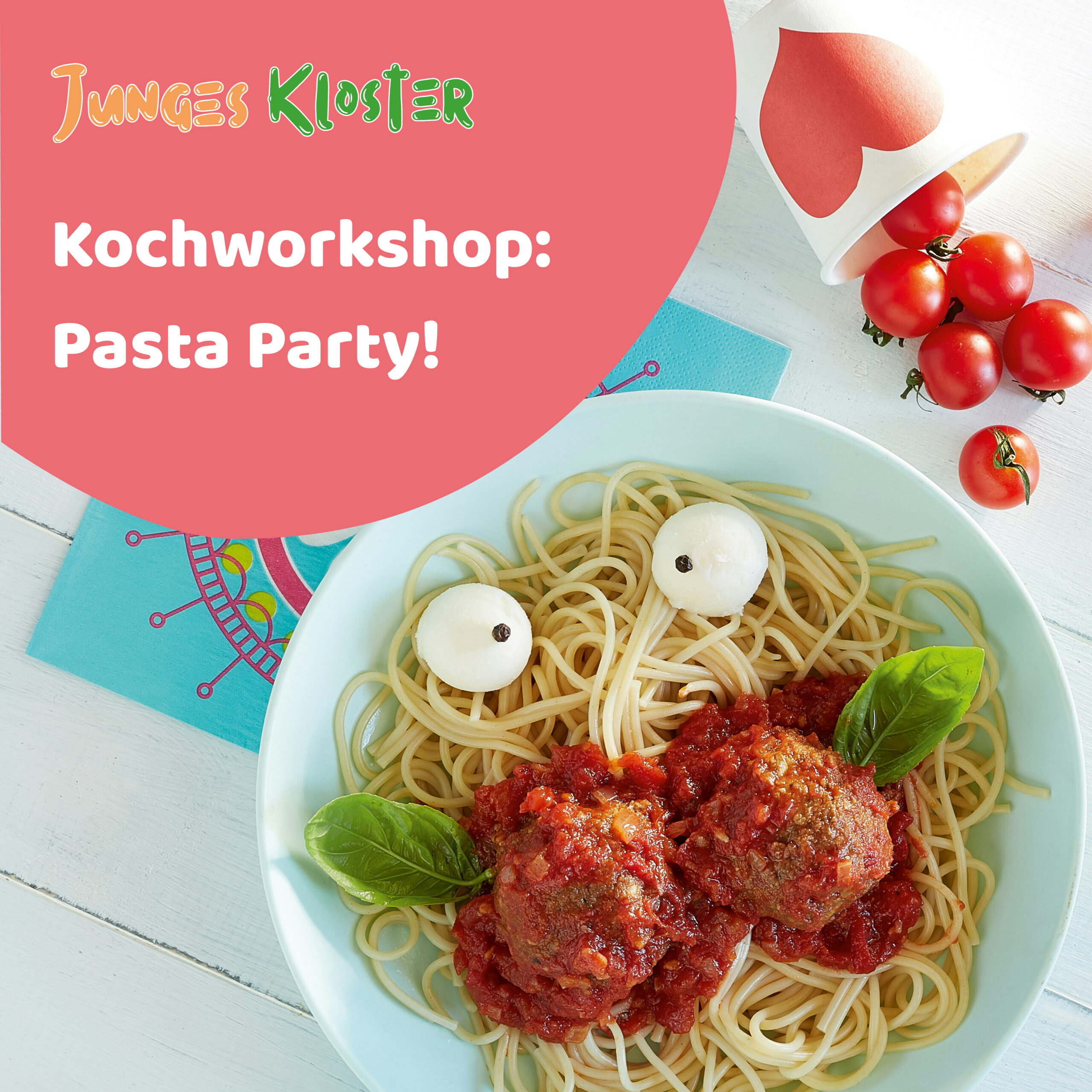 Eine Ankündigung zu dem "Kochworkshop: Pasta Party!" vom Jungen Kloster.
