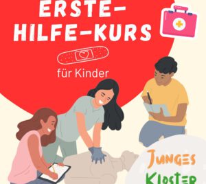 Eine Ankündigung, dass am 06. August 2025 ein Erste Hilfe Kurs für Kidner stattfindet.