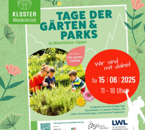Plakat des LWL auf floralem Hintergrund, dass die Teilnahme des Kloster Wiedenbrück beim den Tag der Gärten und Parks 2025 am Sonntag den 15.6.2025 ankündigt.