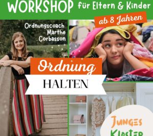 Eine Ankündigung, dass am 27.092025 ein Elter-Kind-Workshop zum Ordnung halten stattfindet.