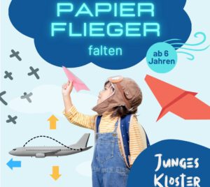 Eine Ankündigung, dass am 12. August 2025 Papierflieger falten stattfindet.