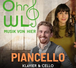Eine Ankündigung dass das Duo Piancello, Klavier & Cello, im Rahmen der Musikreihe "OhrWL–Musik von hier" ein Konzert im Kloster Wiedenbrück gibt.