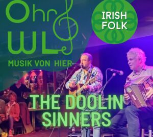 Eine Ankündigung, dass das Duo Doolin Sinners im Rahmen der Musikreihe "OhrWL–Musik von hier" ein Irish Folk Konzert im Kloster Wiedenbrück gibt.